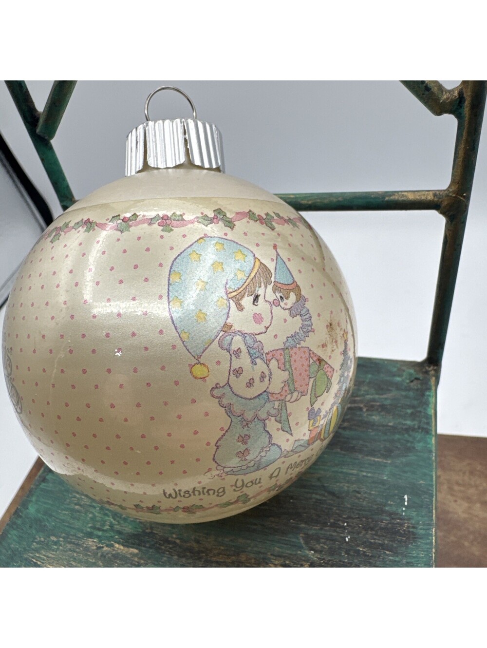VTG Enesco Precious Moments Wishing You A Merry Christmas Glass Ornament 1988